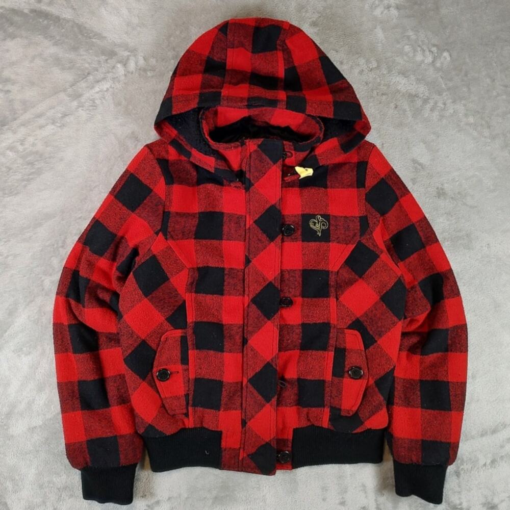 VTG Y2K Southpole Buffalo Plaid wool blend hooded bomber jacket womens L
